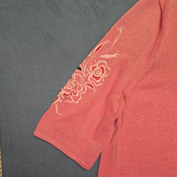 Bob Mackie Wearable Art Rose Embroidered Pink Shimmer 2X Blouse With 3/4 Sleeves - Picture 6 of 10